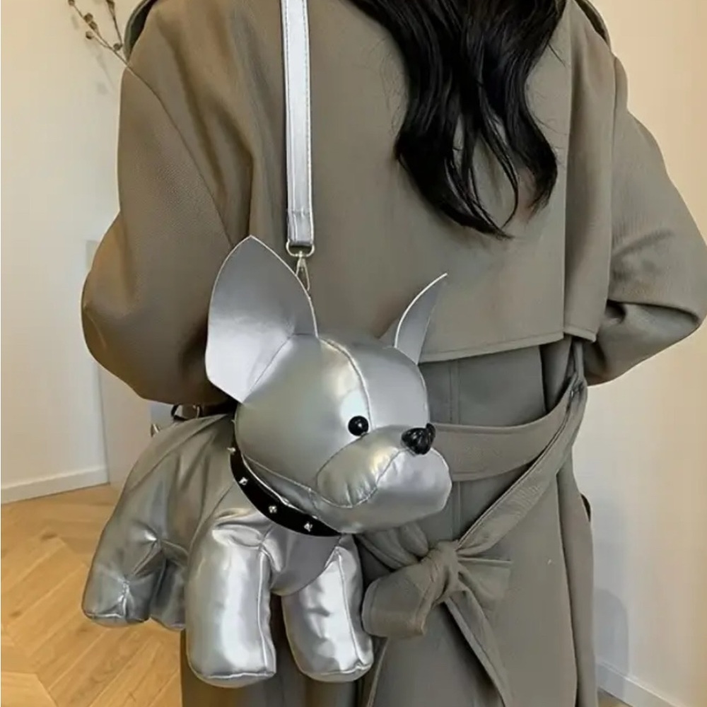 Silver vegan leather French bulldog handbag New - Picture 2 of 2
